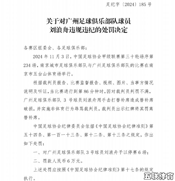 足协官方：广州队刘浪舟、张志雄停赛6场，罚款6万元